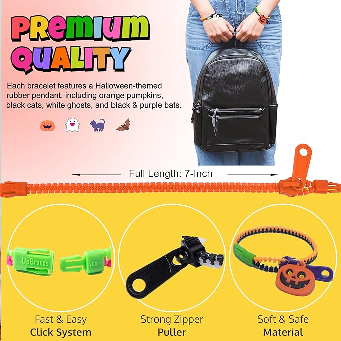 UpBrands 120-Pack Halloween Fidget Zipper Bracelets for Kids: Ideal Bulk Party Favors, Perfect for Birthdays, Goodie Bag & Pinata Fillers, Unique Sensory Toys, Friendship Jewelry & Stress Relief