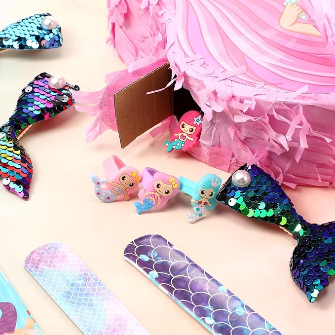 Wettarn 90 Pieces Mermaid Party Favors Includes Piñata Bundle 16 x 12 x 3 Inch, Mermaid Hairpin Slap Bracelets Rings Stickers for Kids Girls Mermaid Birthday Party Supplies Mermaid Goodie Bag Fillers
