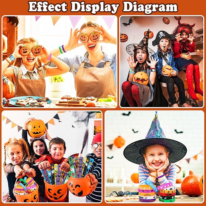 JUNEBRUSHS 50 Pack Halloween Party Favors Halloween Slap Bracelets Rubber Wristbands Assorted for Kids Halloween Slap Bands for Boys Girls Halloween Classroom Prizes Gifts Toys Treat Bag Fillers