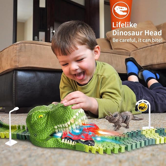 Dinosaur Race Track Toys for Kids Toddlers,206PCS Create A Dinosaur World Road Race, Birthday Gift Dinosaur Toys for 3 4 5 6 7 8Years Old Boys and Girls,Flexible Train Tracks with 2 Race Cars
