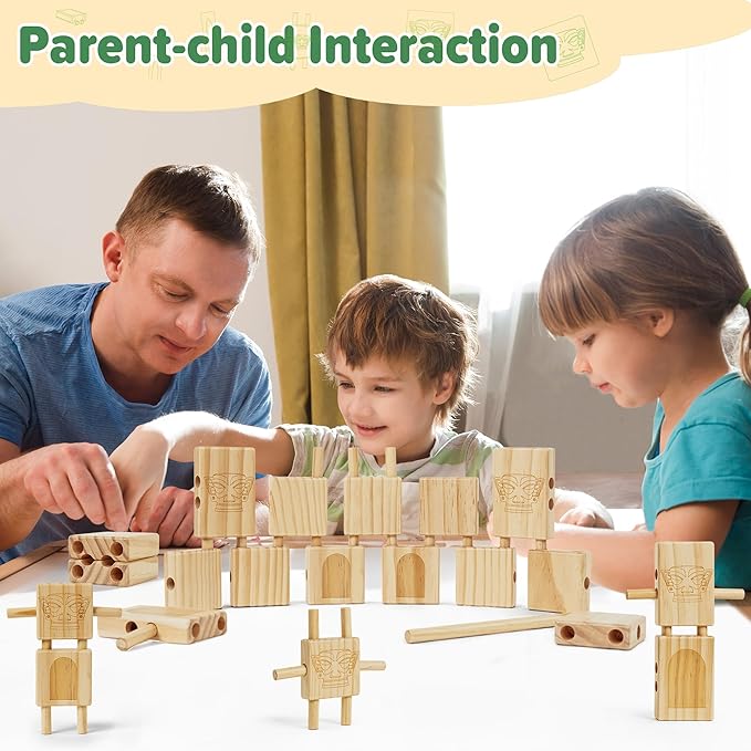 Stacking Blocks for Toddlers 1-3, Natural Wooden Blocks, 44 Pcs Stacking Building Block Toy Set, Early Learning Toys & Gifts for Kids, Montessori Toys with Canvas Storage Bag, Boys & Girls 12+ Months