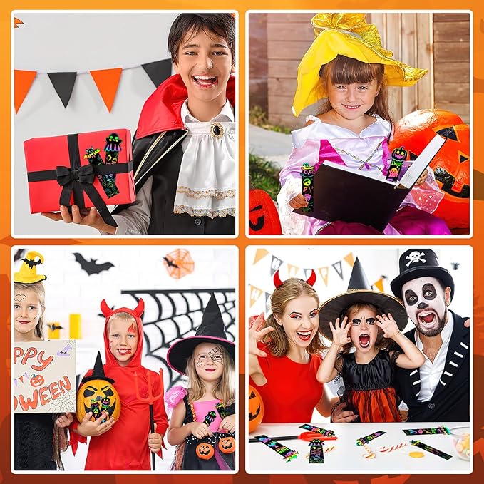 JUNEBRUSHS 30Pcs Halloween Scratch Bookmarks, Rainbow Magic Scratch Paper Art Pumpkin Bat Spider DIY Crafts Kit for School Classroom Activity Halloween Gifts