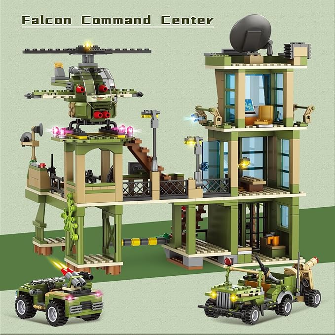 City Military Base Building Block, Compatible with Lego Military Base, Army Toy with War Helicopter, Marine Artillery Vehicle, Police Car, Gift for Kid 6 7 8 9 10 11 12 13 14 Years Old (811 Pieces)
