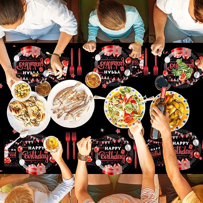 Red and Black Birthday Party Supplies Confetti Sprinkles Happy Birthday Party Tableware Includes Party Plates Napkins Fork and Red and Black Tablecloth for Birthday Parties Decorations Set Serve 20