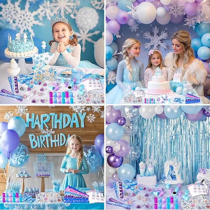 XANGNIER 134 Pcs Frozen Birthday Party Favors Decorations, Winter Frozen Party Supplies with Goodie Bag Snowflake Stickers Heart Ring Erasers Silicone Slap Bracelets Stamp Coil Springs