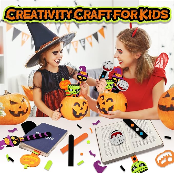 Shemira 16 Pack Halloween Crafts for Kids, Halloween Bookmark Craft for Party Favors, Halloween Trick or Treating Gifts Toys, Halloween Miniatures Prizes for Kids, Halloween School Art Activities