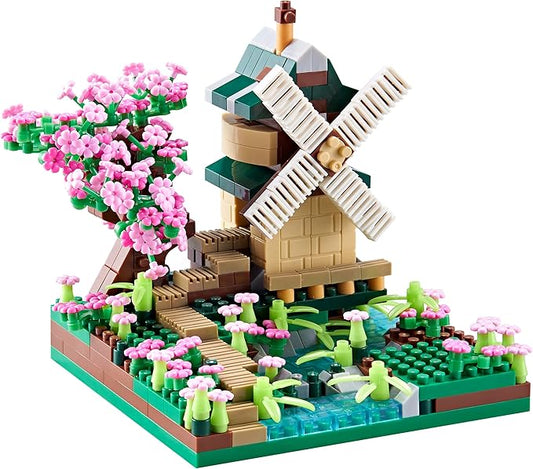 Architecture River Windmill Building Model Kit Micro Block Set Mini Blocks 600+ PCS with 2 Figure