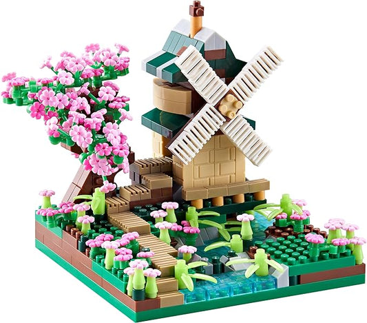 Architecture River Windmill Building Model Kit Micro Block Set Mini Blocks 600+ PCS with 2 Figure