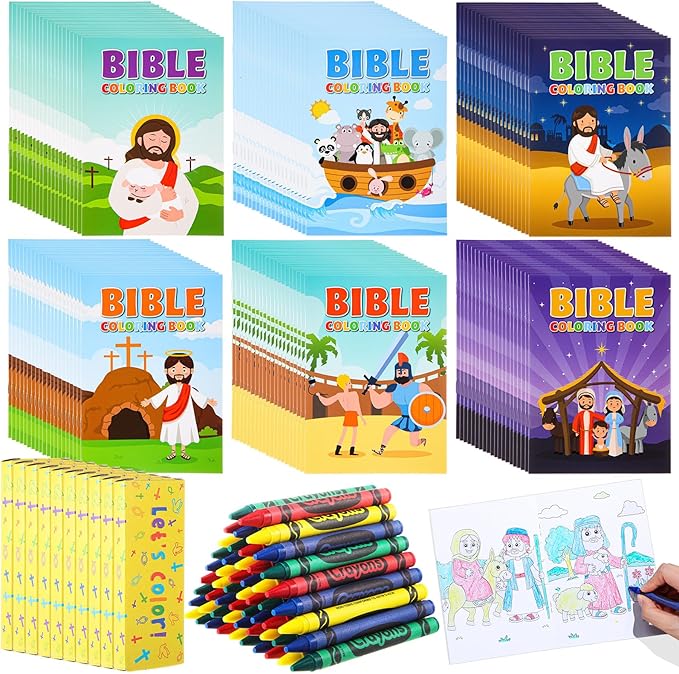 48 Set Bulk Bible Coloring Books with Crayons for Kids Chrismas Verse Religious Drawing Books Bulk Christian Story Activity Supplies, DIY Sunday School Crafts, Bible Party Favors Gifts