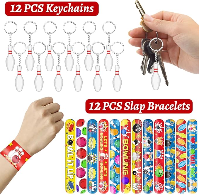110 Pcs Bowling Party Favors, Bowling Party Favors Bags Temporary Tattoos Slap Bracelets Keychains Stickers Ballpoint Pen for Bowling Birthday Party Decorations Gifts for Kids Classroom Rewards
