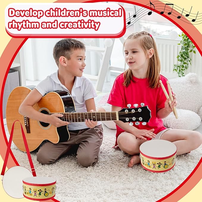 Kids Drum Set 7.87 in Wooden Toy Drum with Adjustable Strap 2 Drumsticks Educational Sensory Musical Instrument Set for Toddlers Kids Baby Toy Gift(Kids Style)