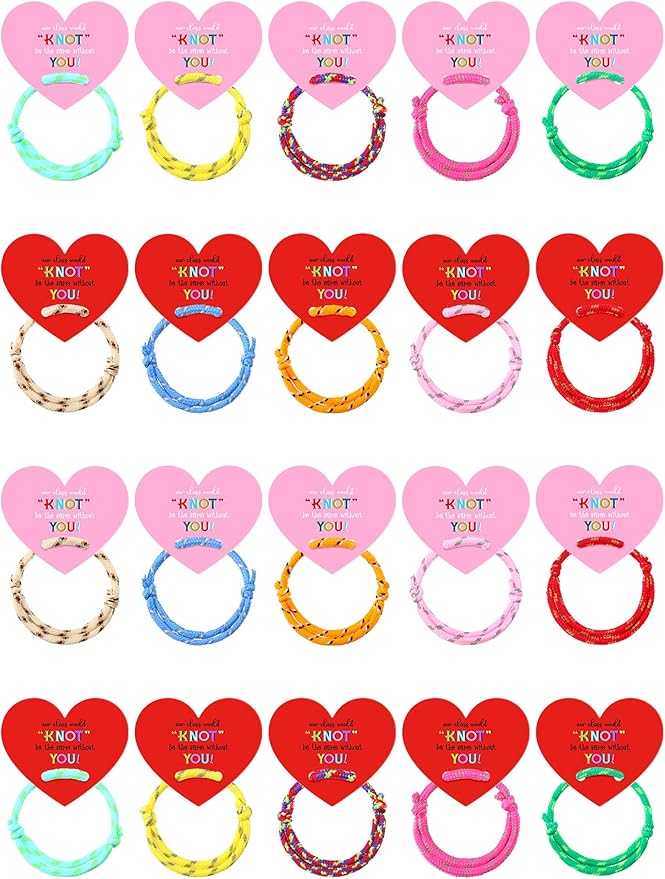 Junkin 60 Sets Valentine Knot Bracelets with Cards Our Class Will Knot Be the Same Without You Classroom Valentines Exchange Gifts Friendship Bracelets Cards for Kids Party Favors (Heart Card)