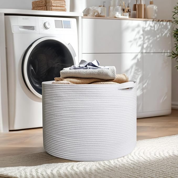 MEGASKET 115L White Cotton Rope Storage Basket, 23.6"x15.7" Extra Large Blanket Storage Living Room, XXXL Soft Toy Bin for Organizing, Woven Baby Laundry Basket with Handle, Wicker Hamper Nursery