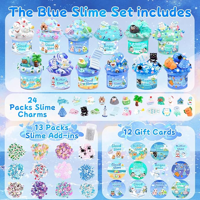 12 Pack Slimes, Blue Slime Kit, Clear Butter Slimes Cloud Slimes Fluffy DIY Kit for Girls Boys, Slime Party Favors Goodie Bag Easter Basket Stuffers, 4 5 6 7 8 9 10 Year Old Birthday Gift Cute Stuff