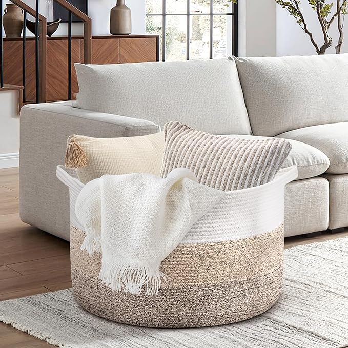 Maliton Extra Large Blanket Basket Living Room, 22" X 22" X 14" Woven Cotton Rope Laundry Basket Toy Baskets with Handle Storage Comforter Cushions Clothes Thread Laundry Hamper