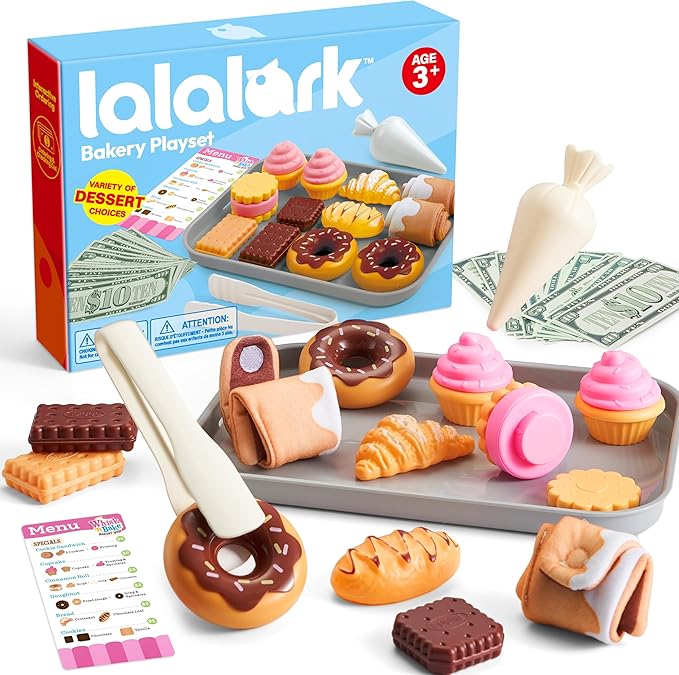 Cookie Play Food Set, Toddler Pretend Toys, 17 PCS Kitchen Toy Food Sets with Plastic Cookies, Baking Menu, Bakery Tray, and Play Money for Boys and Girls, Birthday Gift for Kids