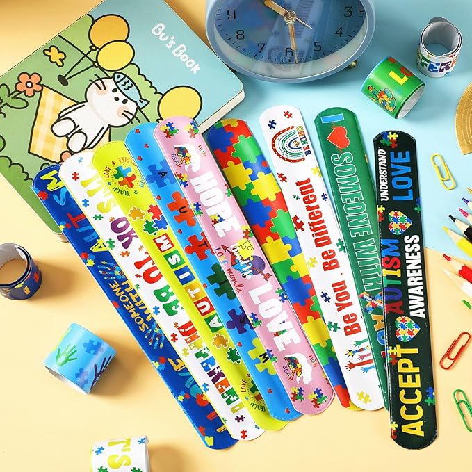 JUNEBRUSHS 56Pcs Autism Awareness Slap Bracelets, Colorful Puzzle Pieces Autism Bracelet Wristbands Inspirational Autism Awareness Accessories for Kids Teens Adult Motivational Gifts Party Supplies