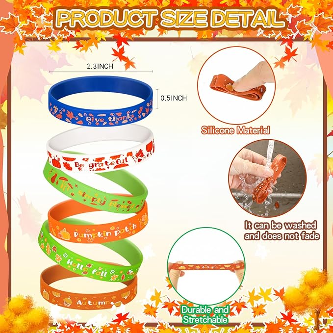 Wettarn 60 Pcs Fall Party Favors Bracelets Thanksgiving Silicone Wristbands Autumn Harvest Pumpkin Maple Leaf Bracelets for Party Supplies Festival Prizes Gifts