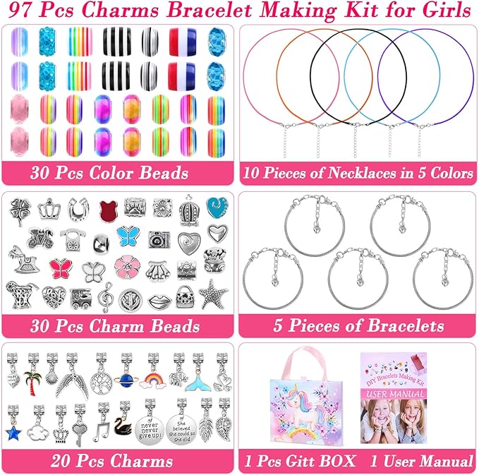Thrilez DIY Bracelet Making Kit for Girls, 97Pcs Charm Bracelets Kit with Beads, Pendant Charms, Bracelets and Necklace String for Bracelets Craft & Necklace Making, Gift Idea for Kids and Girls