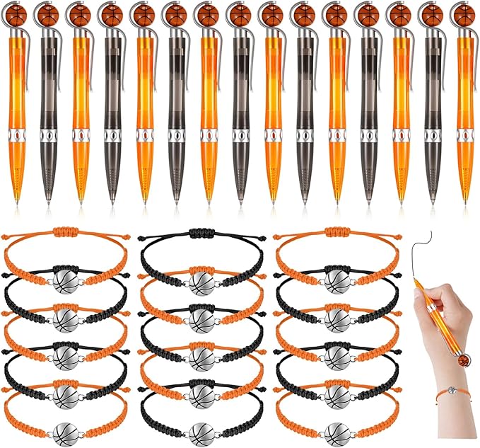 Sabary 30 Pcs Basketball Party Favors Set, 15 Pcs Basketball Pens 15 Pcs Basketball Theme Bracelets Ballpoint Pen Adjustable Bracelet Basketball Party Gifts for School Kids Teens Team Members