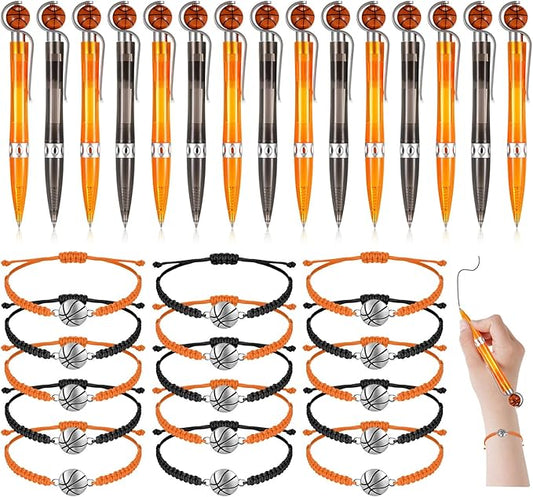 Sabary 30 Pcs Basketball Party Favors Set, 15 Pcs Basketball Pens 15 Pcs Basketball Theme Bracelets Ballpoint Pen Adjustable Bracelet Basketball Party Gifts for School Kids Teens Team Members