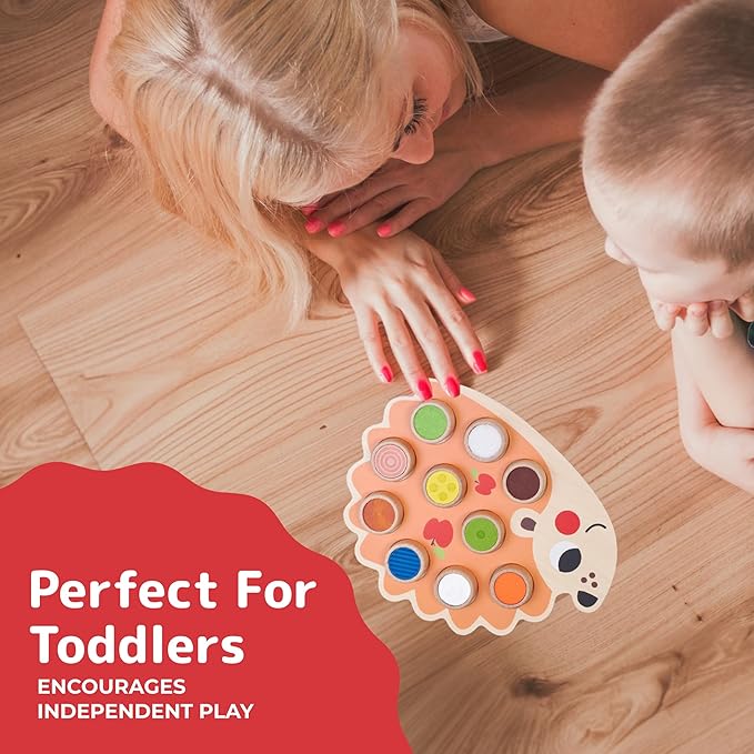 PREXTEX Sensory Hedgehog Toys for Toddlers - Montessori Color Sorting Toys - Includes 1 Wooden Board and 10 Colored Sensory Blocks - for Ages 12 Months and Up - Educational Toy - 1.5x12.9x10.7 in