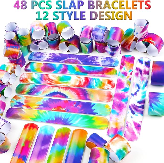 Sawowkuya 48PCS Tie Dye Party Favors Slap Bracelets, Colorful Wristbands for Kids Classroom Gifts Exchanging,Gift Box Filler,Birthday Party Decorations Supplies