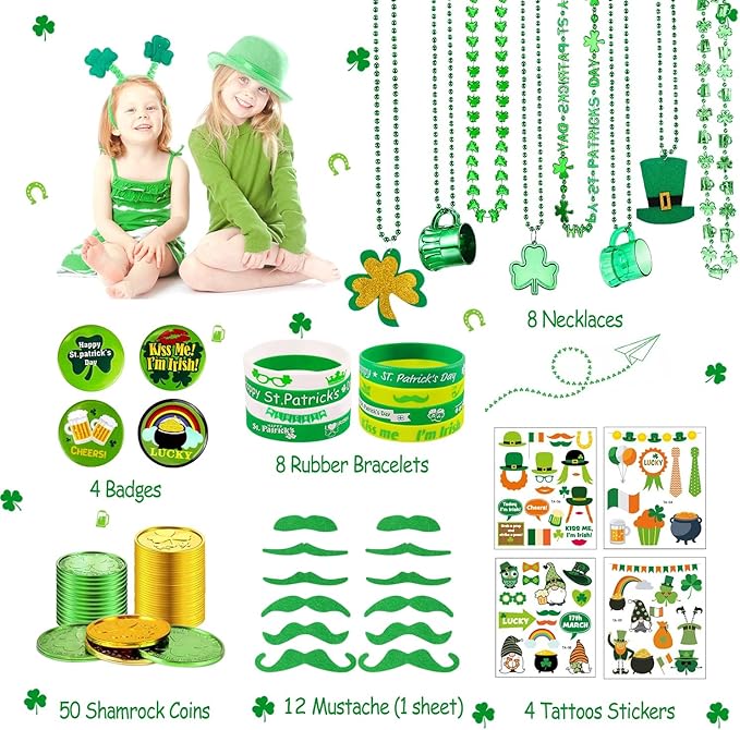 St.Patrick's Day Accessories Set, Saint Patrick Day Accessories Including Necklaces, Green and Gold Coins, Mustache, Rubber Wristbands, Badges, Tattoo Stickers for Irish Day Party Supply
