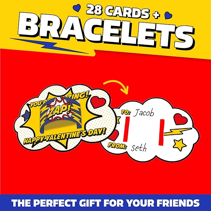 Peaceable Kingdom Valentines Cards for Kids Classroom, Set of 28 Valentines Day Gifts - Kid Power Slap Bracelets