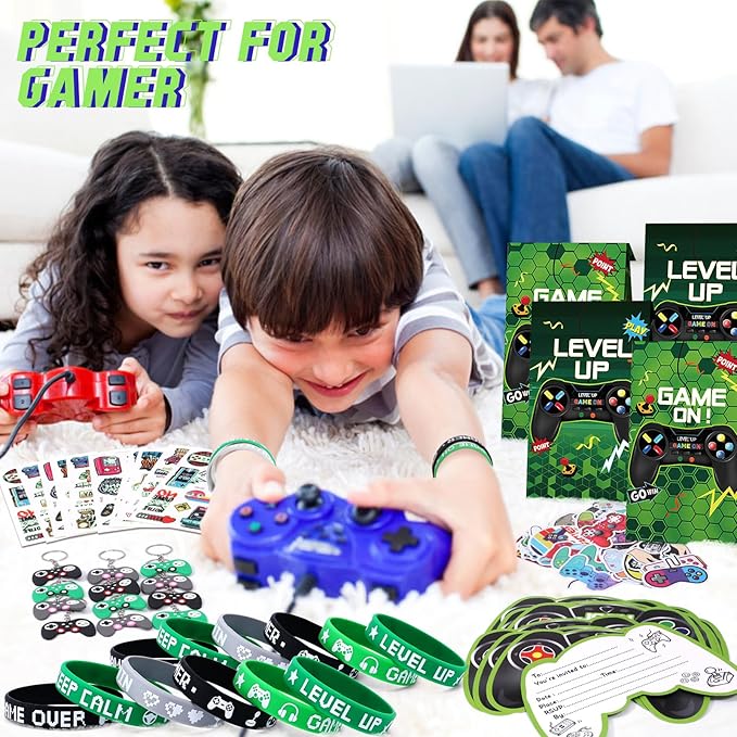 110Pcs Video Game Party Favors Birthday Supplies for Boys, Bag Invitation Card Silicone Bracelet Keychain Luminous Tattoo Stickers Kids Gifts Game On Goodie Bag Stuffers Gaming Gamer Party Favors
