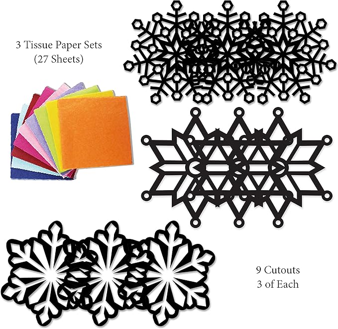 VHALE Suncatchers Craft 3 Sets (9 Cutouts) w Tissue Papers Stained Glass Effect Paper Sun Catcher Kit, Window Art, Classroom Crafts, Creative Art Projects, Kids Party Favors (Snowflake)