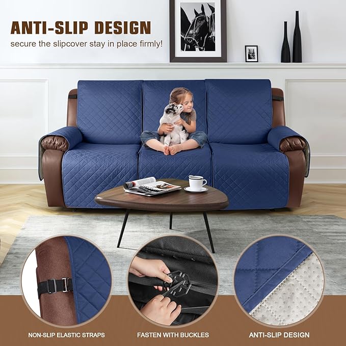 KinCam Waterproof Recliner Sofa Cover, Non-Slip Reclining Couch Covers for 3 Seat, Recliner Couch Cover Furniture Protector with Elastic Straps for Pets, Kids, Blue