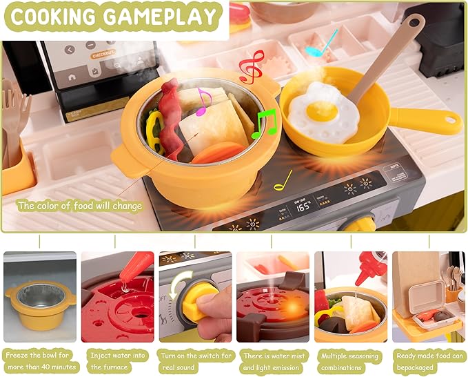 Kids Kitchen Play Set,Interactive Kids Kitchen Play Set with 88Pcs of Kitchen Toys,Realistic Sound Effects,and Simulated Functionality - Suitable for Toddlers (Yellow Kitchen Play Set)