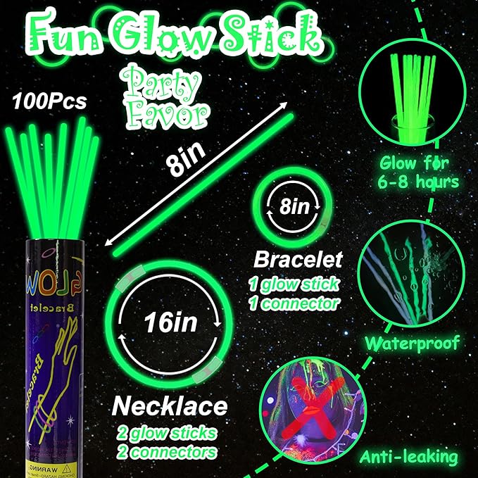 100 pk 8" Glow Sticks Bulk Party Favors, Light up Glow Necklaces & Bracelets in the Dark Party Supplies For Christmas Halloween St. Patrick Birthday Neon Party (100 * Green)
