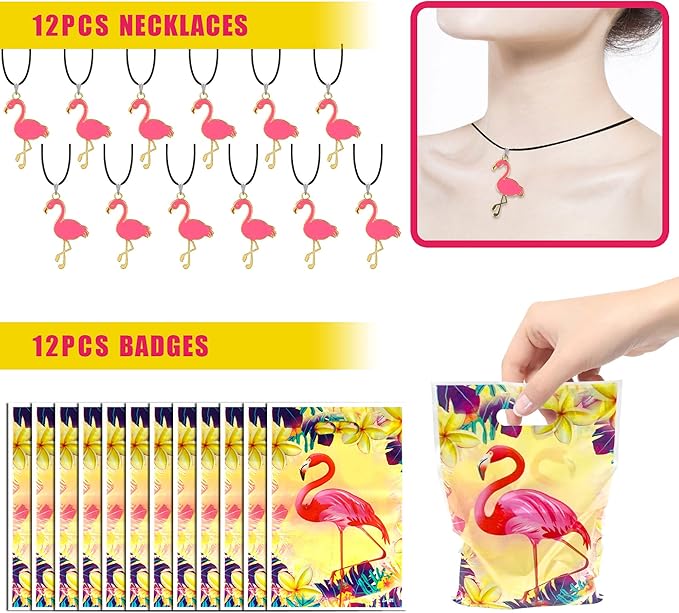 110 PCS Flamingo Party Favors Pink Flamingo Goodie Bags with Keychains, Stickers, Slap Bracelets, and Bags for Flamingo Themed Birthday Party Hawaiian Aloha Party