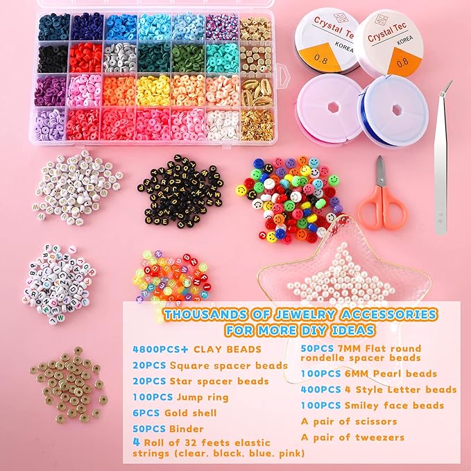 KAMJUNTAR 6000PCS Clay Beads for Bracelets Making Kit,24 Colors Flat Heishi Polymer Clay Beads for Jewelry Making with Letter Beads Smiley Face Beads Gift for Kids Girls DIY Necklace Bracelet