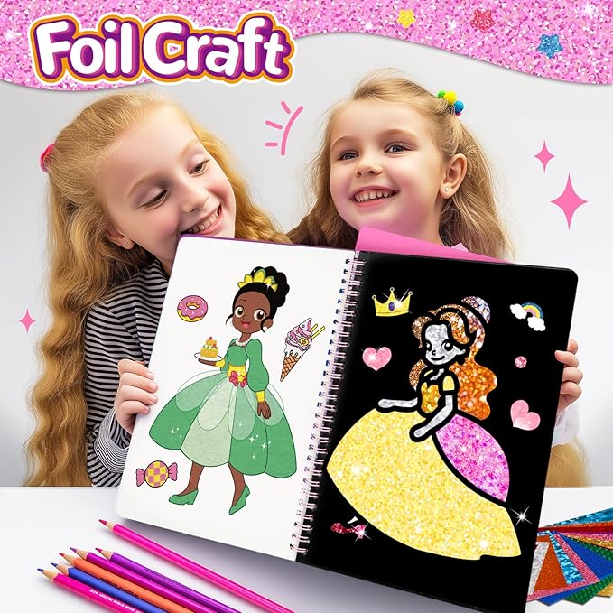 Syahro Art Craft Activity for Kids: Foil Funny Princess, Unicorn and Mermaid Carefree Creative Travel Set, Idea for 3 4 5 6 7 8 9 Year Old Girls,Art Travel Toy Suitable for Girls