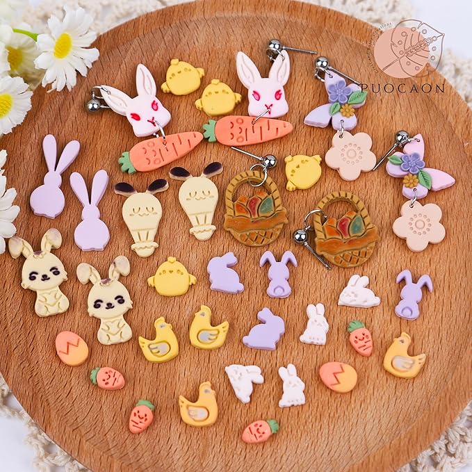 Puocaon Easter Polymer Clay Cutters - 18 Pcs Stud Clay Earring Cutters, Mini Chicken Eggs Baby Rabbit Clay Cutters for Polymer Clay Earrings, 3D Print Mini Clay Cutters for Earrings Making