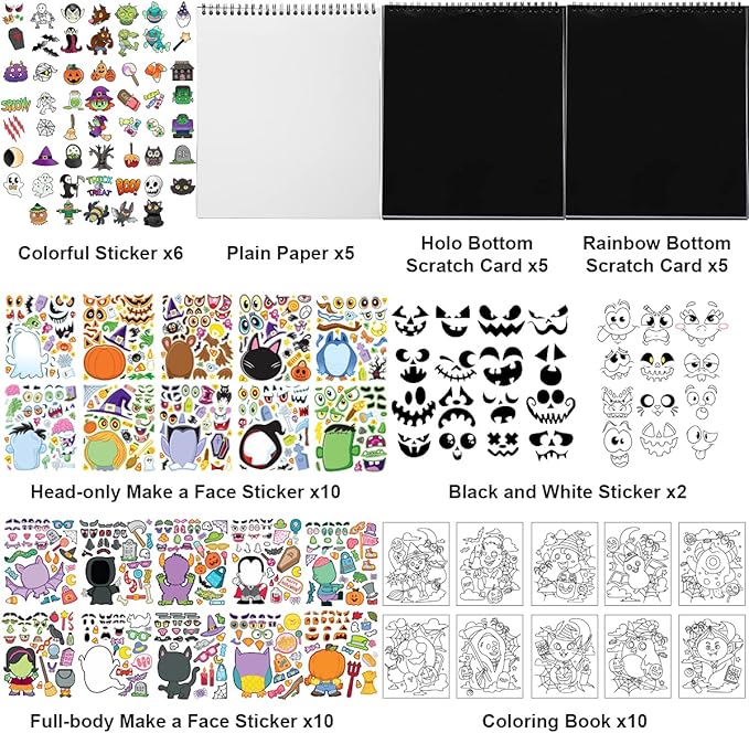 JOYIN 20 Pcs Make-a-face Sticker Sheets Make Your Own Halloween Characters Mix and Match Sticker Sheets, Bonus with Coloring Sheets, 10 Scratch Cards, 8 Sticker Sheets, Halloween Party Favor Supplies