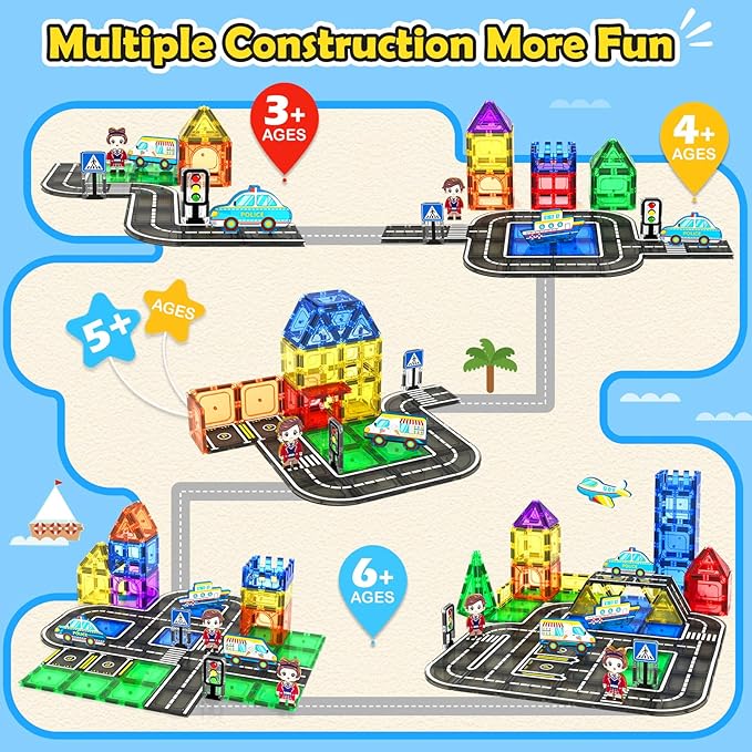 Magnetic Tiles City Road Set with Magnet Car Toys, Magnetic Blocks Building Toys for Kids, STEM Construction Toys for Toddlers,Toy Gifts for 3+ Year Old Boys & Girls