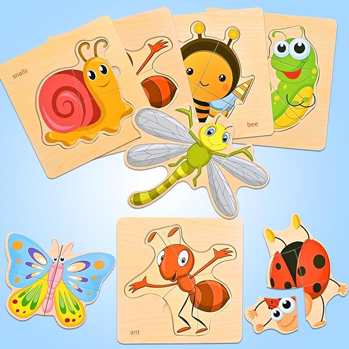 Wooden Puzzles for Toddlers 1-3, 8pcs Shapes, Insect Animal Themed Montessori Toys for 1 Year Old Learning, Educational Preschool Toys for Boys Girls