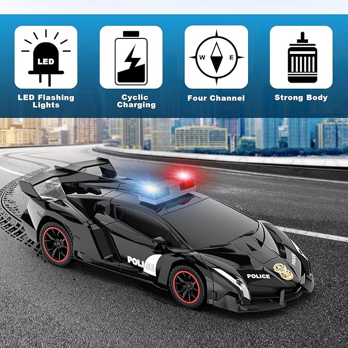 FDJ Remote Control Car - Transform Car Robot, One Button Deformation to Robot with Flashing Light, 2.4Ghz 1:18 Scale Transforming Police Car Kids Toys with 360 Degree Rotating Drifting, Toys
