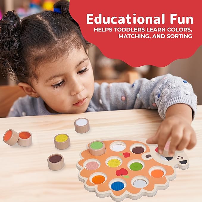 PREXTEX Sensory Hedgehog Toys for Toddlers - Montessori Color Sorting Toys - Includes 1 Wooden Board and 10 Colored Sensory Blocks - for Ages 12 Months and Up - Educational Toy - 1.5x12.9x10.7 in
