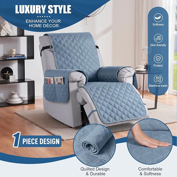 TAOCOCO 100% Waterproof Recliner Covers, Recliner Sofa Covers with Leg Straps, Reversible Recliner Couch Cover for Reclining Chair, Washable Couch Protector for Pets Kids(1 Seater 28", Sky Blue)