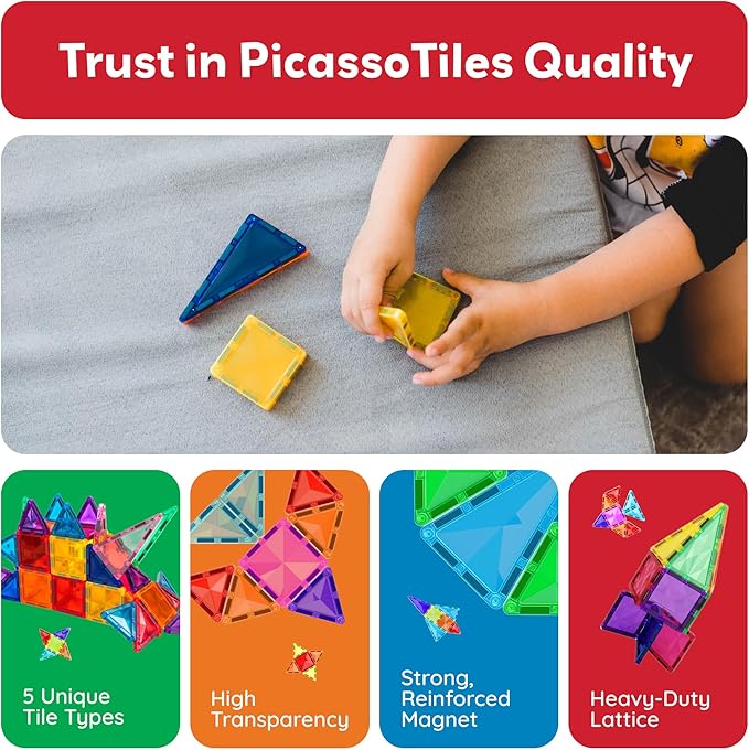 PicassoTiles 100 Pieces Magnetic Tiles Building Blocks Mini Size Diamond Series Magnet Toys Travel Size On-The-Go Construction Sensory Toys Gifts Educational Set STEM Learning Kit Playset PTM100