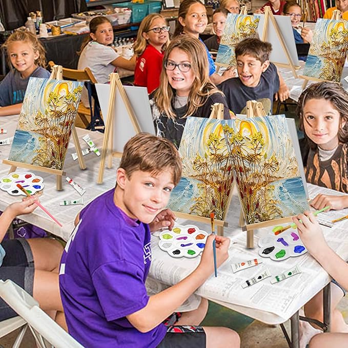 121 Pcs Art Painting Kit Supplies Set for Kids to Party - 60 Paint Brushes, 24 Acrylic Paints, 6 Wood Easels & Canvas Panels & Palettes & Aprons & Wash Pen Cup, 1 Plastic Tablecloth