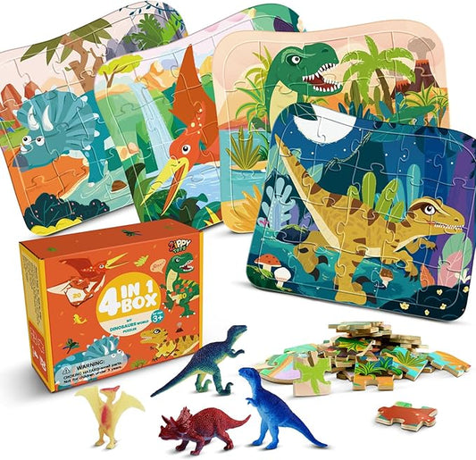 Wooden Dinosaur Puzzles for Kids Ages 4-6, 4 in 1 Gift Box 4-Pack 20-Piece Jigsaw Puzzles Come with 4 Small Dino Figures,Preschool Educational Toys Gifts for Kids Boys Girls Ages 3+