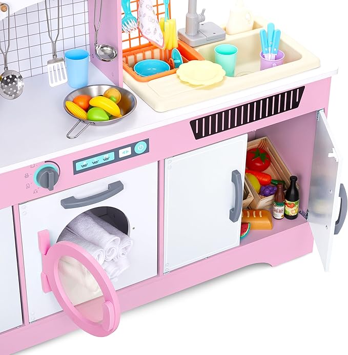 Lil' Jumbl Kids Wooden Pink Color Kitchen Set, Pretend Working Sink with Real Running Water, Includes Range Hood, Microwave & Stove Top That Make Realistic Sound & Light, Full Accessory Set Included