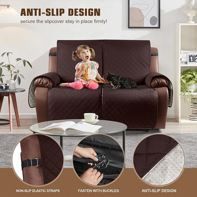 KinCam Waterproof Oversized Loveseat Recliner Cover, Non-Slip Reclining Couch Covers for 2 Seat, Recliner Sofa Cover Furniture Protector with Elastic Straps for Kids, Pets, Coffee