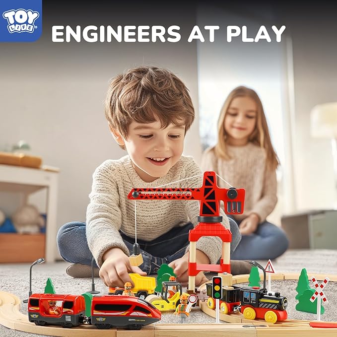 TOY Life Train Set 80pcs Train Toys with Crane & Locomotive Train, Train Set for Kids 4-8, Wooden Train Tracks Toy Train Set for Toddlers 3 4 5, Kids Train Set Gift Toy Fits Thomas, Brio Tracks